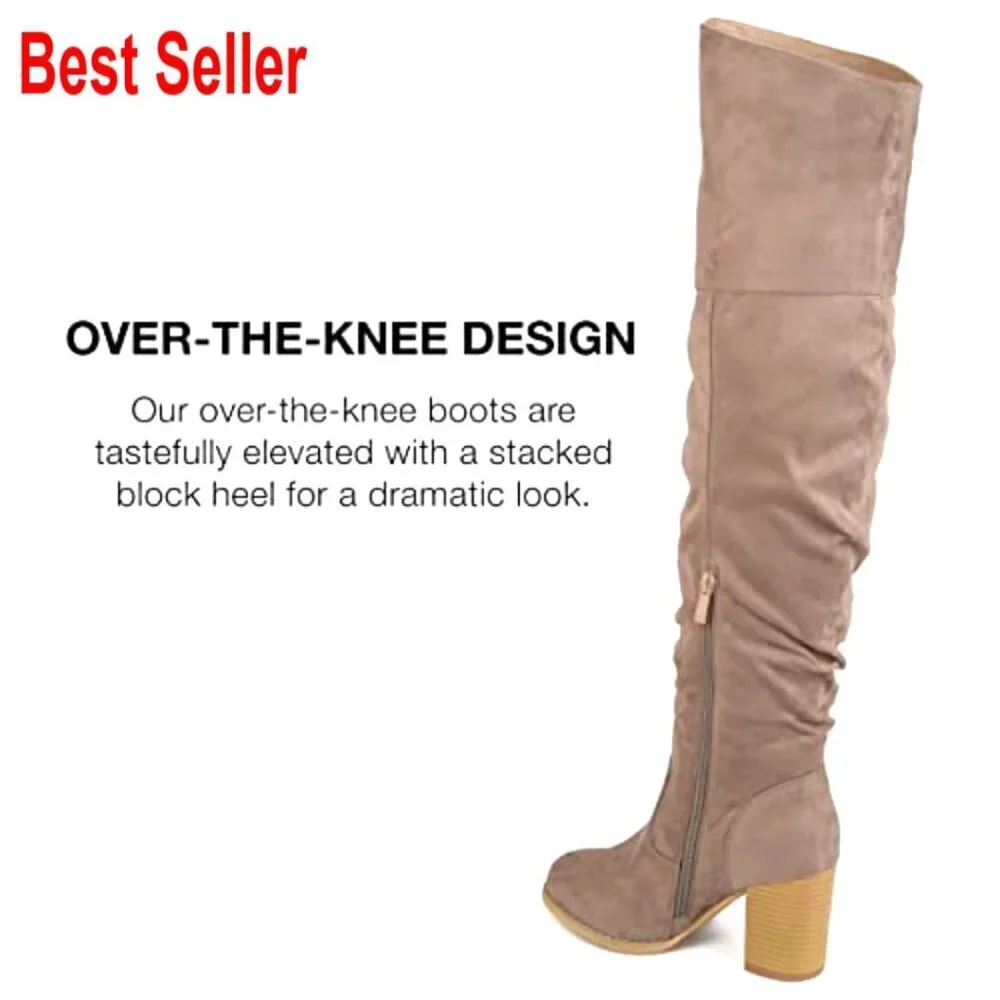 Faux Suede Over-the-Knee Boots with Stacked Heel and Ruched Detail
